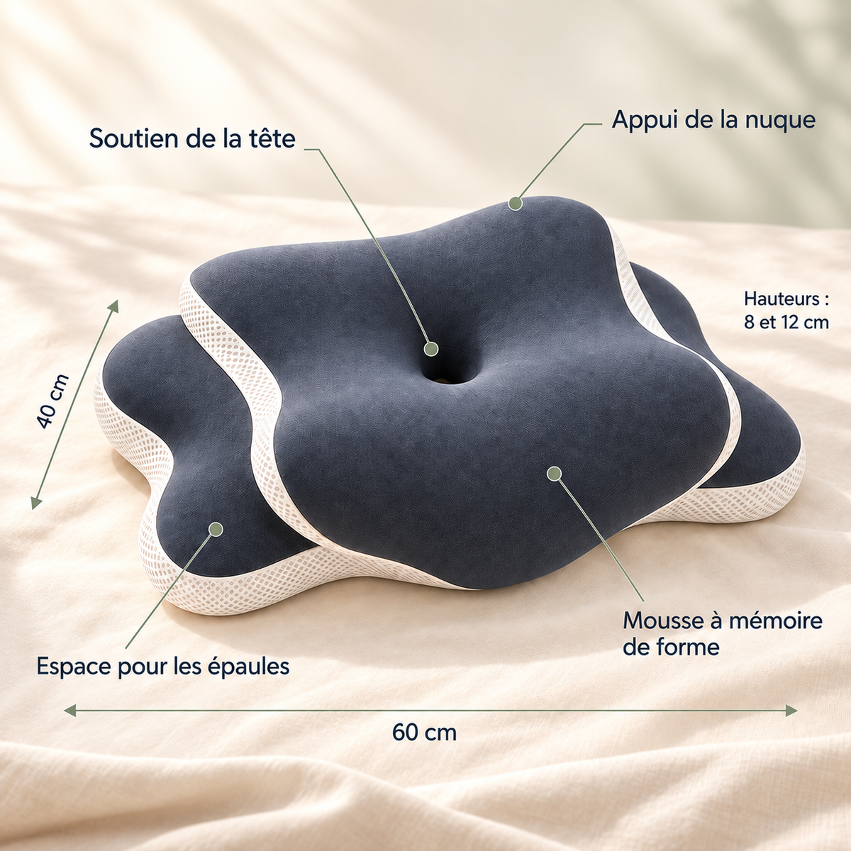 Oreiller ergonomique orthopédique à mémoire de forme