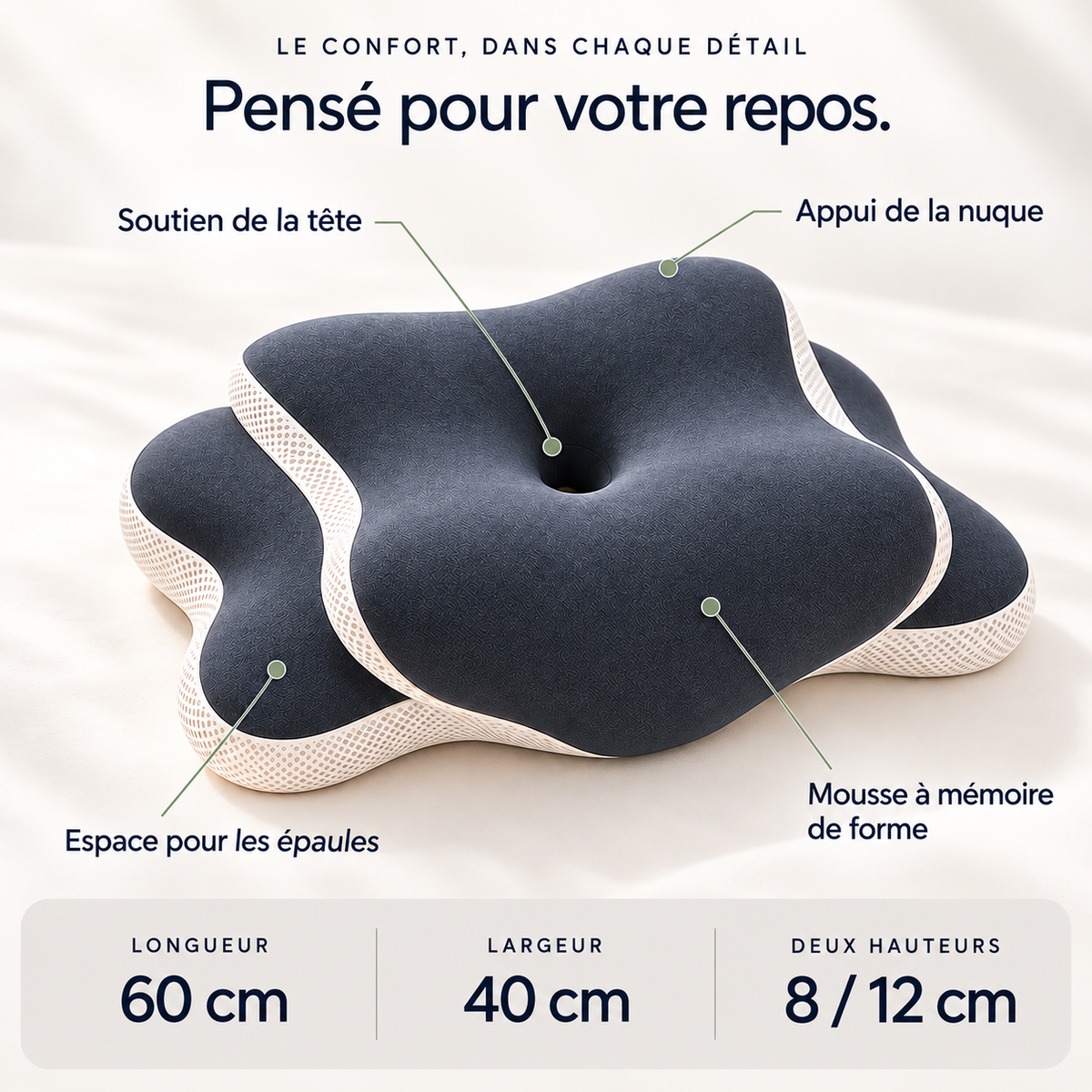 Oreiller ergonomique orthopédique à mémoire de forme